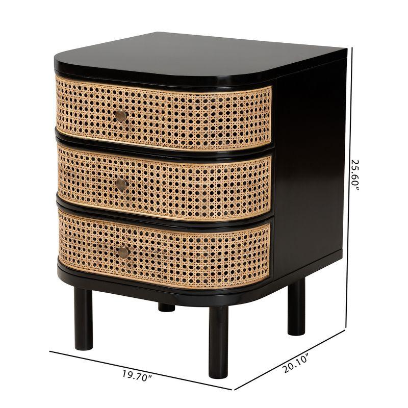 Nabila Black Bayur Wood and Natural Rattan 3-Drawer Nightstand