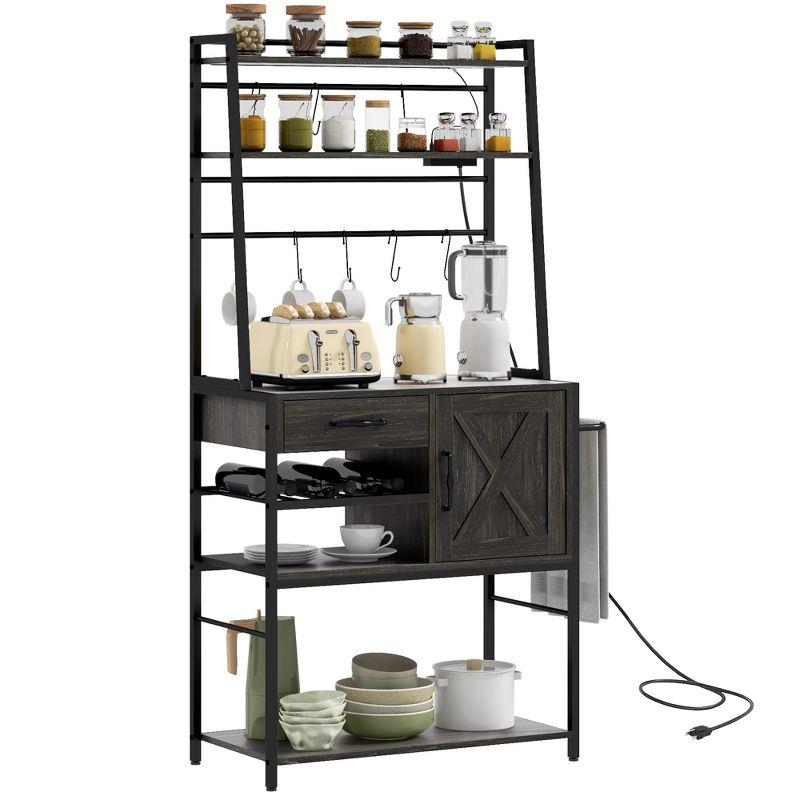 HOMCOM Kitchen Baker's Rack with Power Outlet, LED Lights, Microwave Stand with Storage Shelves, Wine Bottle Rack, Barn Door Cabinet, Distressed Gray