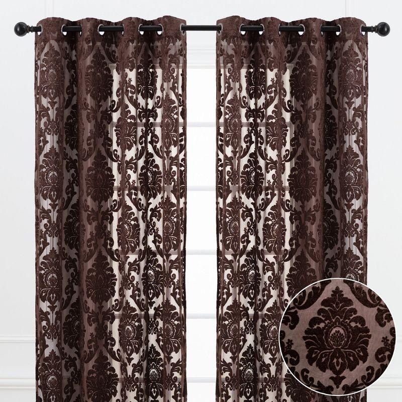 Chanasya 2pk Devore Damask Sheer Grommet Window Curtain Panels - Set of 2 - 52 x 108 Inches Long - Mocha