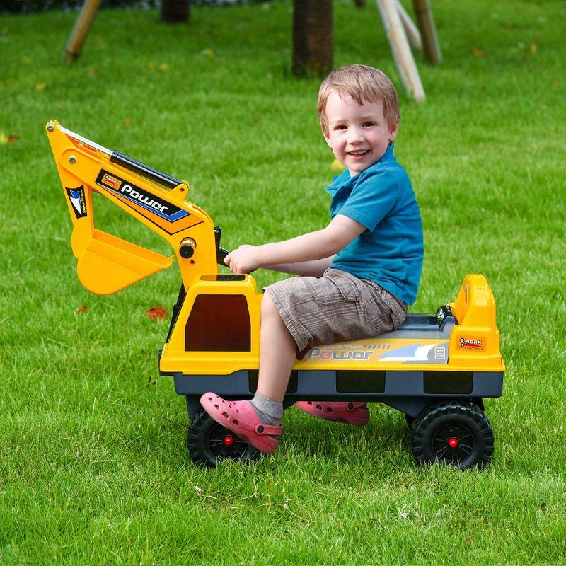 Qaba No Power Construction Ride On Toy Construction Truck, Multi-functional Excavator Digger with Workable Digging Bucket, Yellow