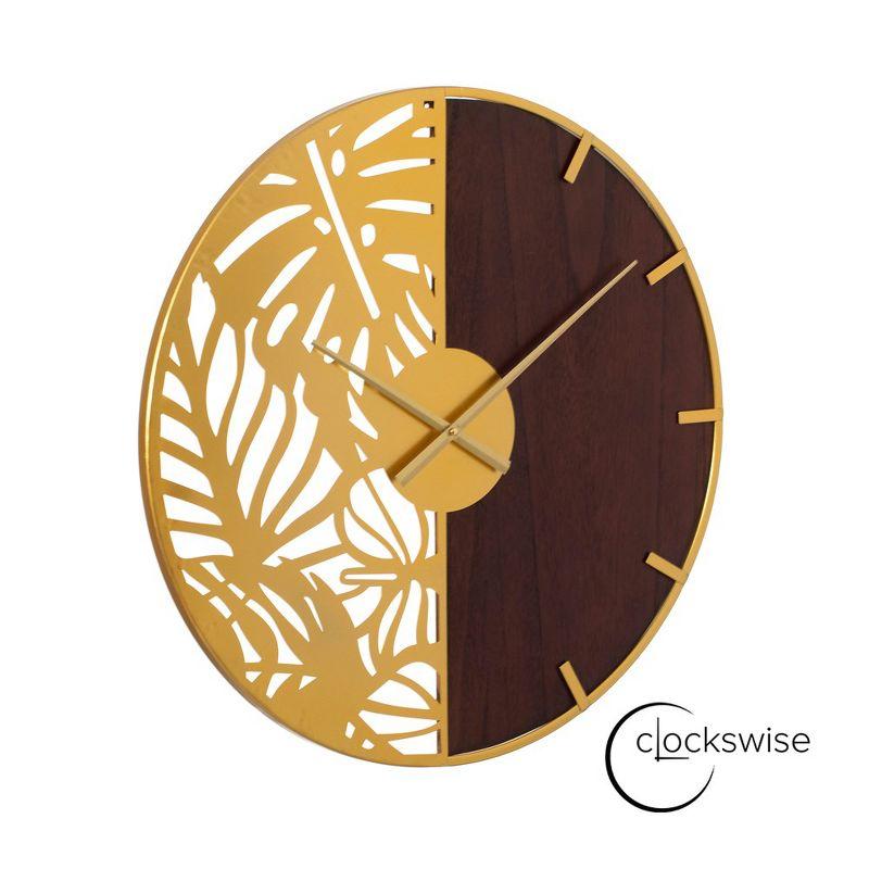 Clockswise 23.6” Round Big Wall Clock, brown wood and gold Metal with Leaf Cutout for Entryway Office Living Room or Kitchen, Hanging Supplies Include