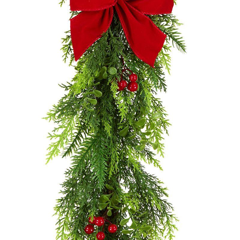 6' Unlit Feel Real Evergreen Garland with Red Bows & Berries - National Tree Company