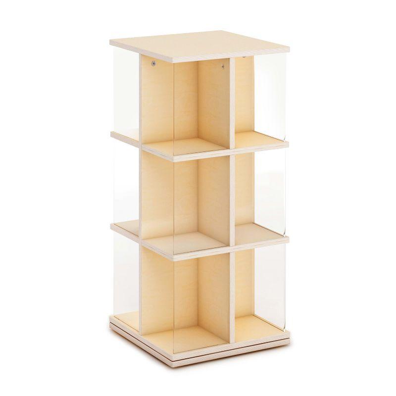 Guidecraft EdQ Rotating 3 Tier Book Display: Kids' Wooden Spinning Bookshelf with Acrylic Shelves for Storage in Classroom or Playroom