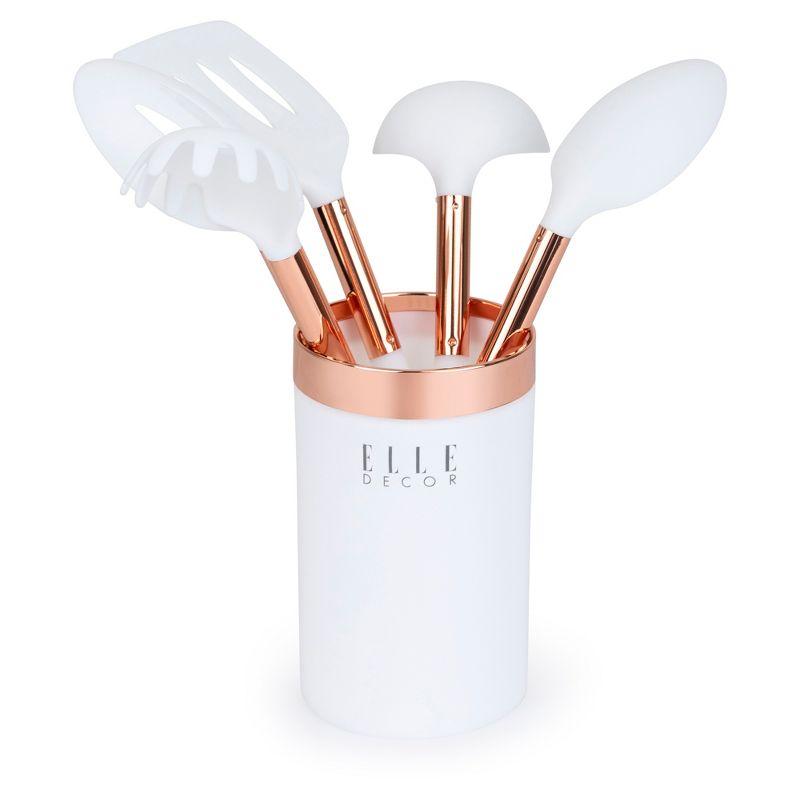 Elle Decor 6-Piece Nylon Silicone Kitchen Utensil Set with Holder Marbled Handles Professional Quality Includes Utensils and Holder