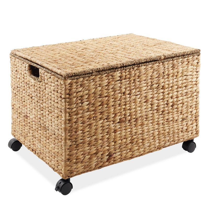 Casafield Rolling Storage Basket Cart with Lid and Wheels - Woven Water Hyacinth Divided Sorting Bin for Kitchen, Laundry, Pantry, Garage