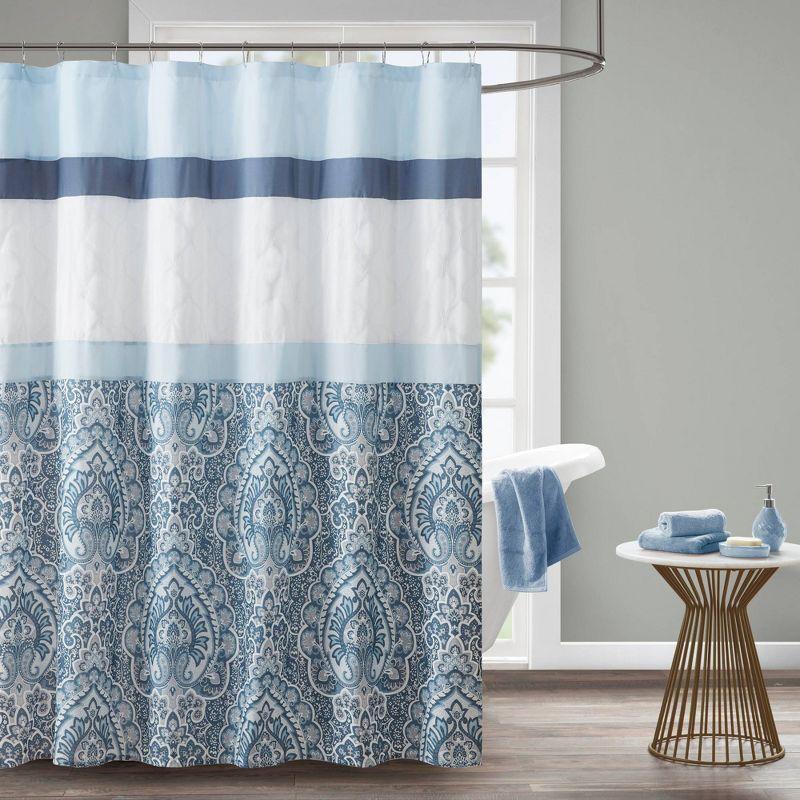 510 Design Shower Stacie Embroidered Shower Curtain Blue: Microfiber, Machine Washable, Non-Slip Backing