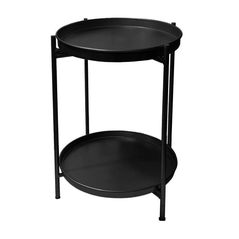 The Urban Port 15" Modern Side End Table Metal Round Tray Top Foldable Legs Black