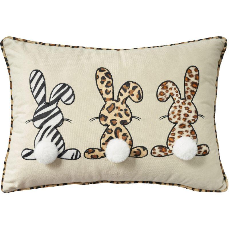 Beige Rectangular Easter Pillow with Applique Bunnies and Pom Pom Tails