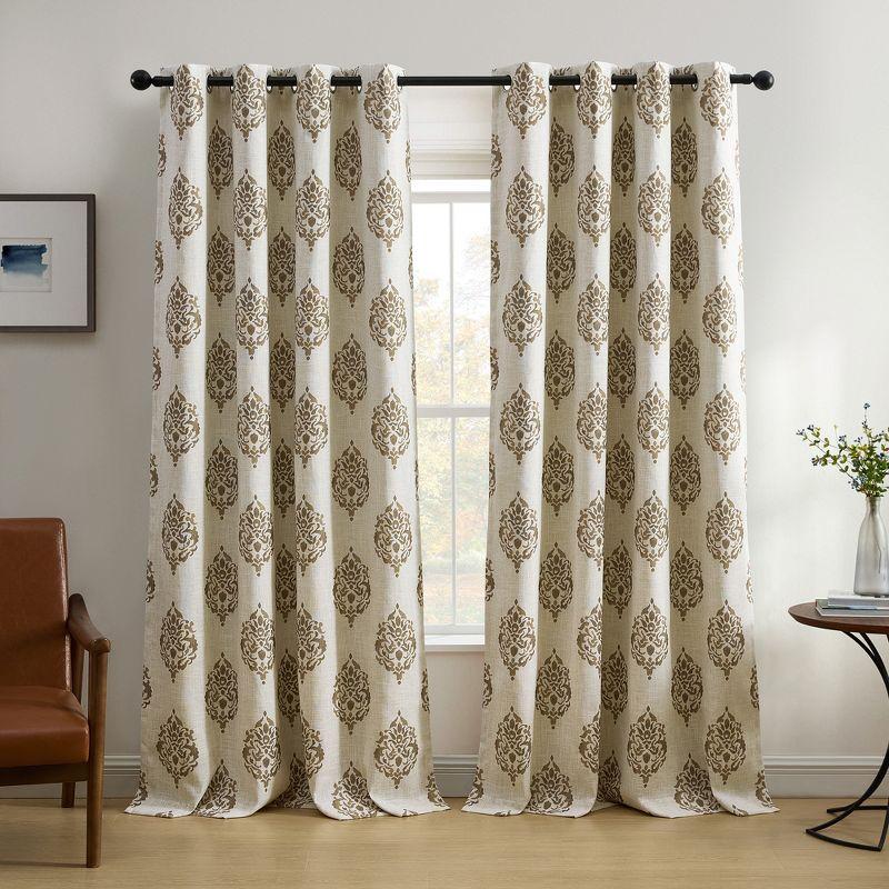 Navara Medallion Room Darkening Single Window Curtain Panel - 52" x 95" - Natural - Elrene Home Fashions