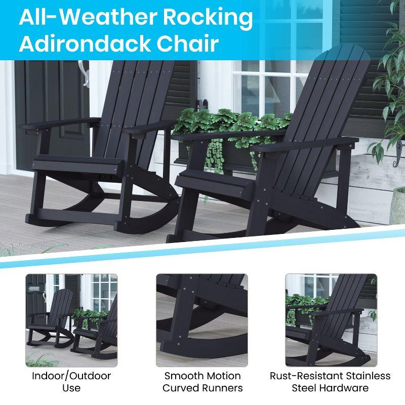 Flash Furniture Set of 2 Savannah Commercial Grade All-Weather Poly Resin Wood Adirondack Rocking Chairs with Side Table in Black