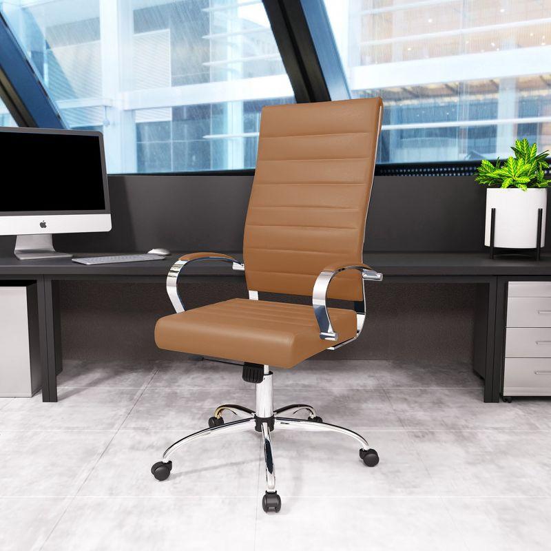 Elegant High-Back Swivel Office Chair in Luxurious Brown Leather