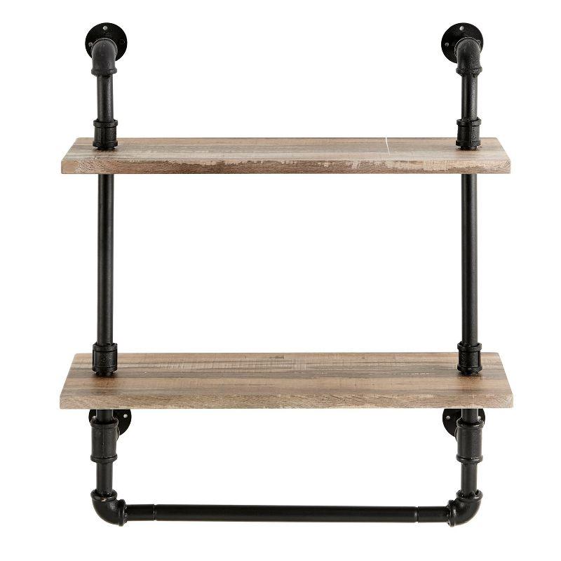 Danya B. 2-Tier Olivia Pipe Wall Shelf Unit with Hanging Rod Black/Rustic: Laminated Iron Storage, Includes Mounting Hardware