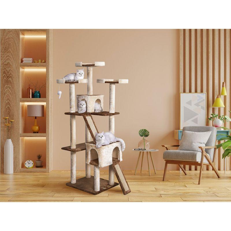 Beige and Brown 71" Sisal Cat Tree with Condos and Perches