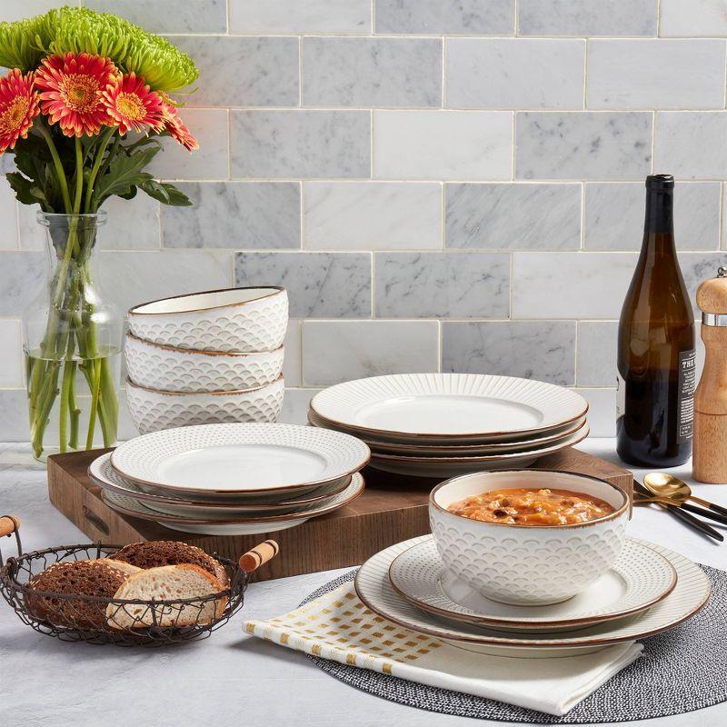 Monroe White Ceramic Embossed 12-Piece Dinnerware Set