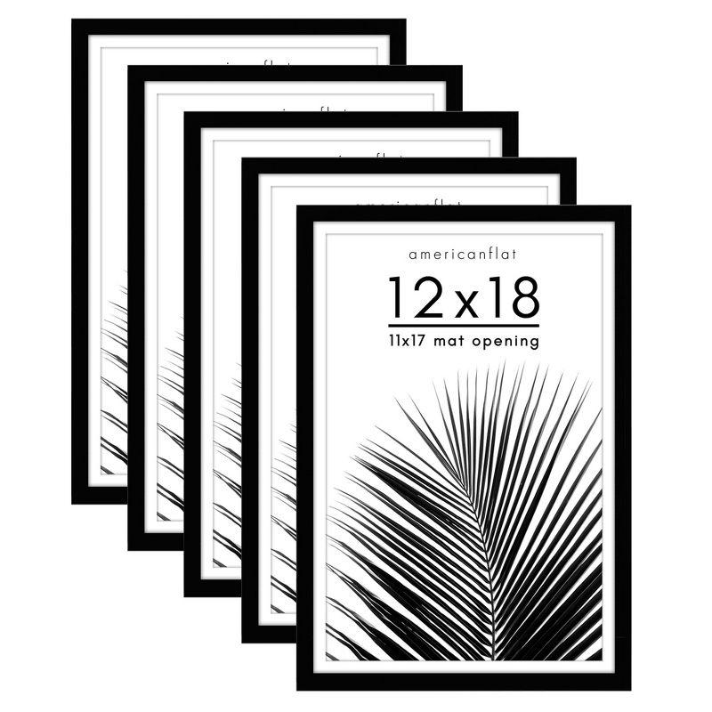 Americanflat 5 Pack of 12x18 Frames with 11x17 Mat - Plexiglass Cover - Black