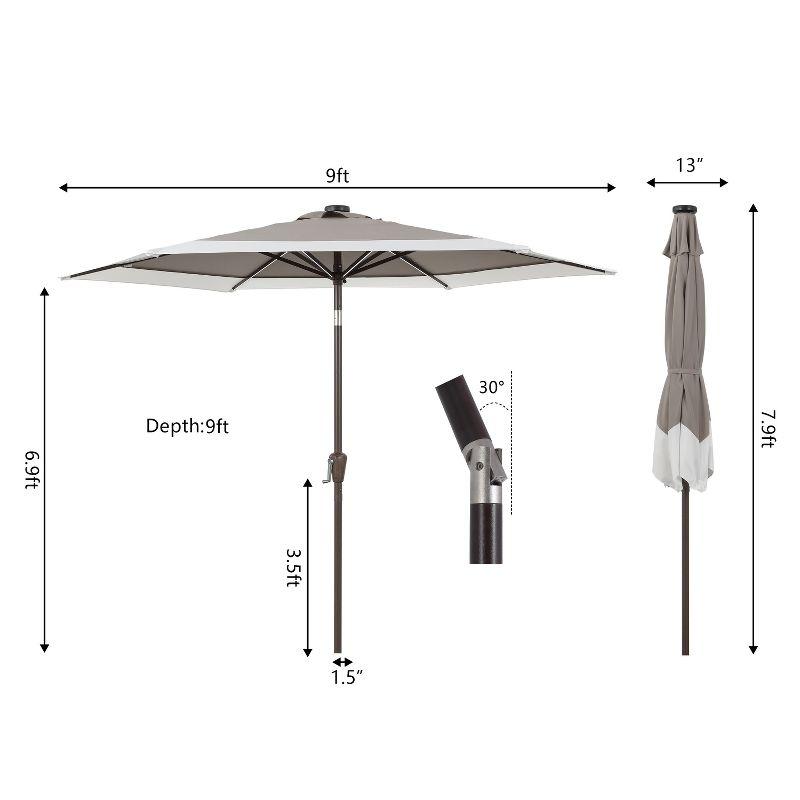 JONATHAN Y Spencer 9 ft. Classic Coastal 2-Tone Solar LED Market Patio Umbrella 12 LED Strip Lights, Auto-Tilt, Crank, UV Protection in Gray/White