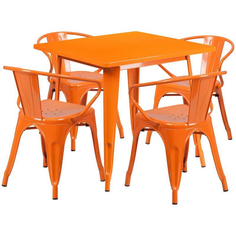 31.5" Orange Metal Indoor-Outdoor Table Set with 4 Arm Chairs