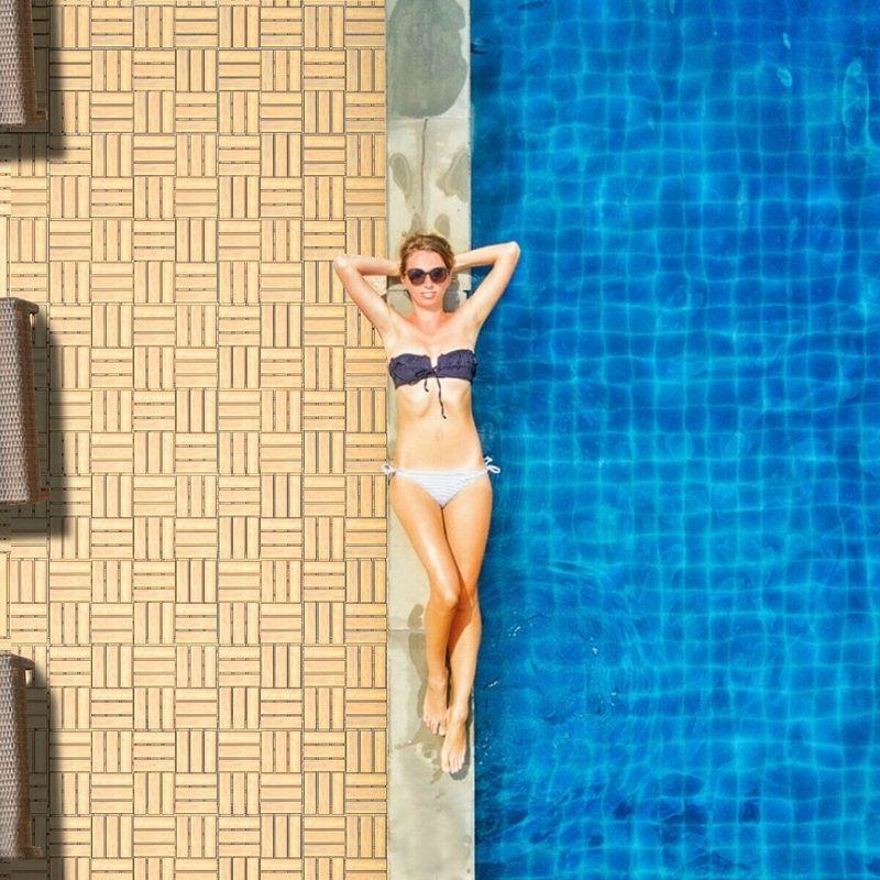 Costway 10PCS 12'' x 12'' Acacia Wood Deck Tiles Interlocking Patio Pavers Check Pattern