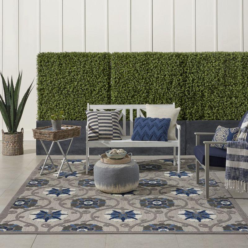 Nourison Aloha Contemporary Floral Flatweave High-Low Indoor Outdoor Area Rug Grey/Blue 7'10" x 10'6"