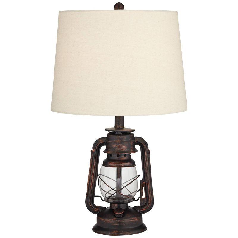 Franklin Iron Works Murphy Rustic Industrial Accent Table Lamp Miner Lantern 23" High Red Bronze Oatmeal Fabric Shade for Bedroom Living Room Office