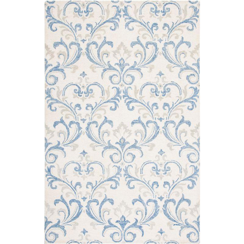 Ivory and Blue Floral Handmade Wool Area Rug, 4' x 6'