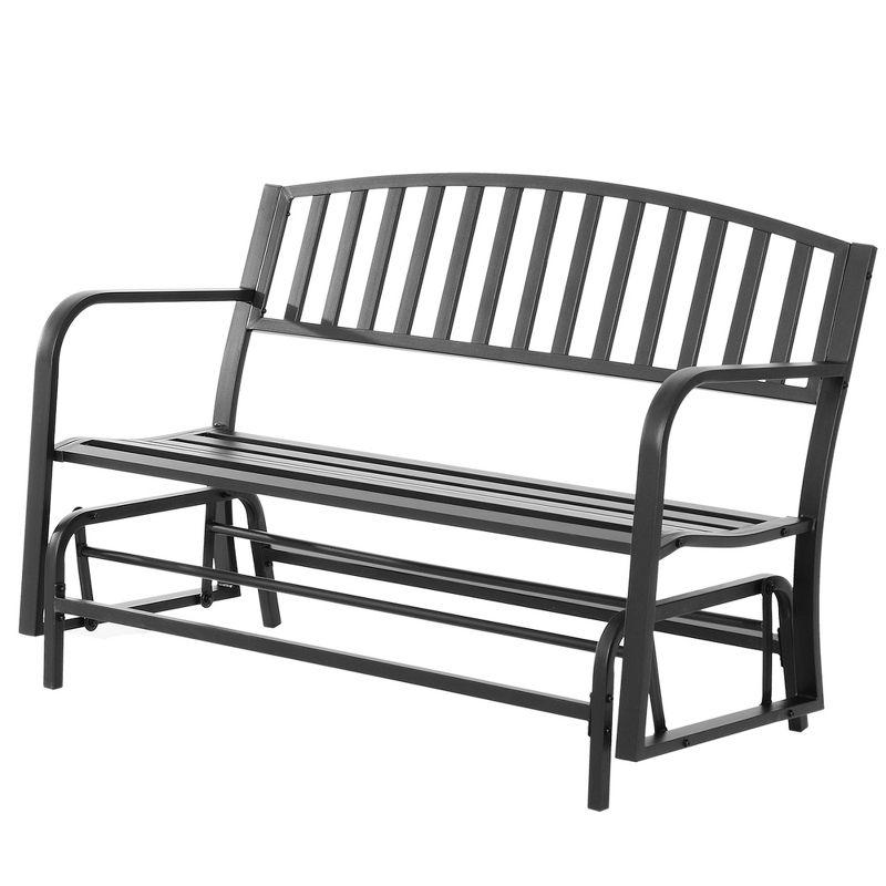 Outdoor Loveseat Glider Bench with Curved Armrests in Powder-Coated Black Steel