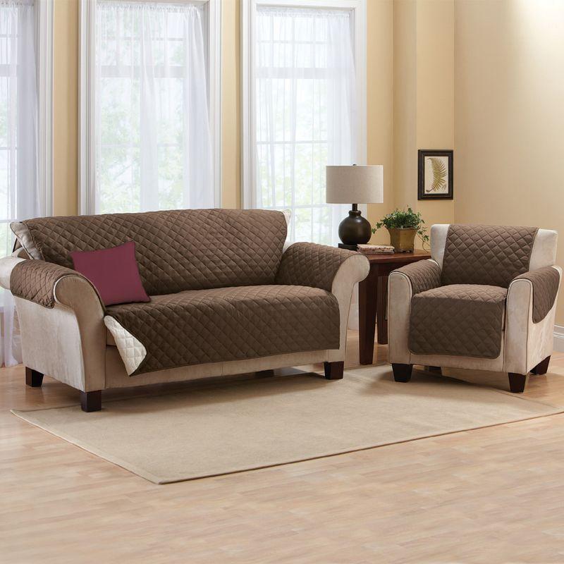 Chocolate and Tan Reversible Quilted Loveseat Protector Cover