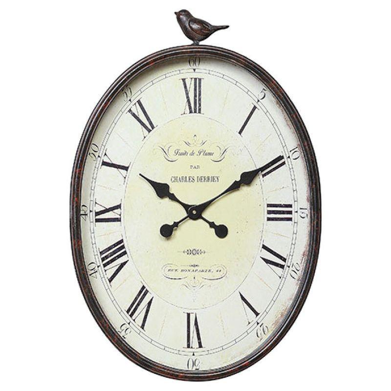 Antique Bronze Oval Metal Wall Clock with Bird