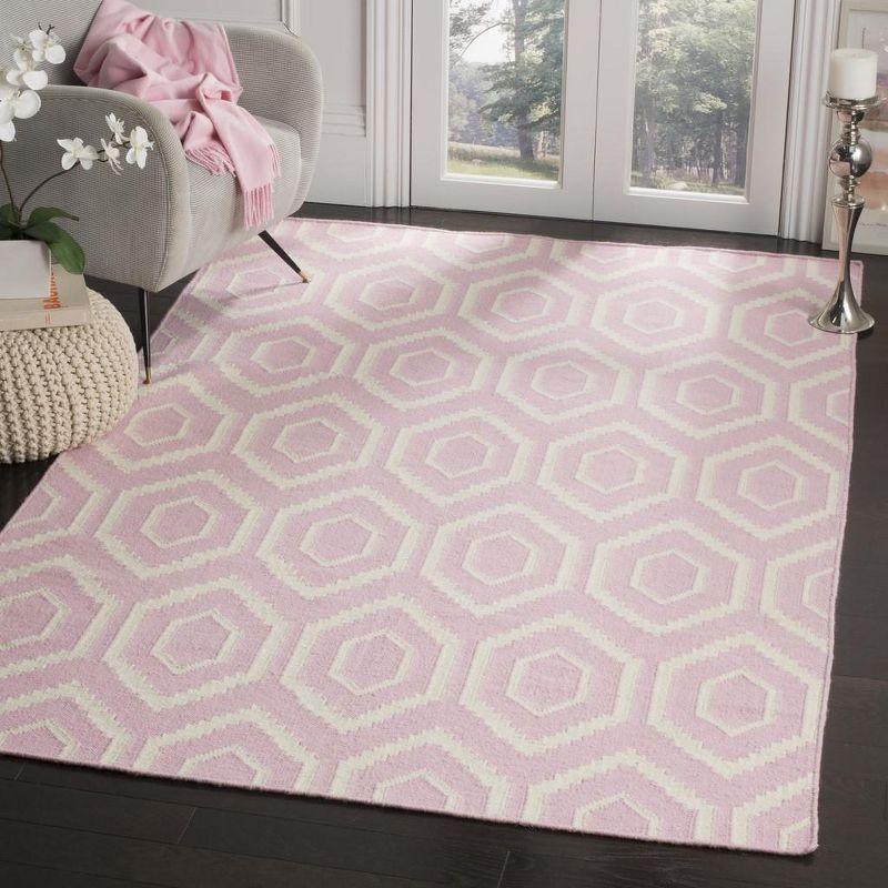 Pink and Ivory Geometric Wool Flat Weave Area Rug, 5' x 8'