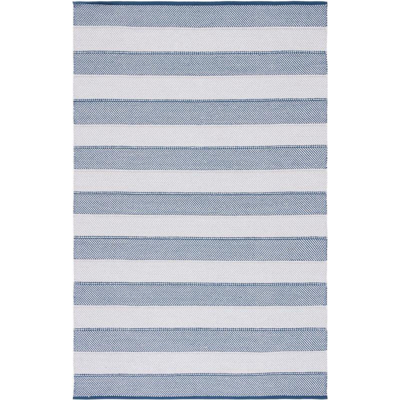 Grey and Blue Striped 4' x 6' Wool Cotton Area Rug