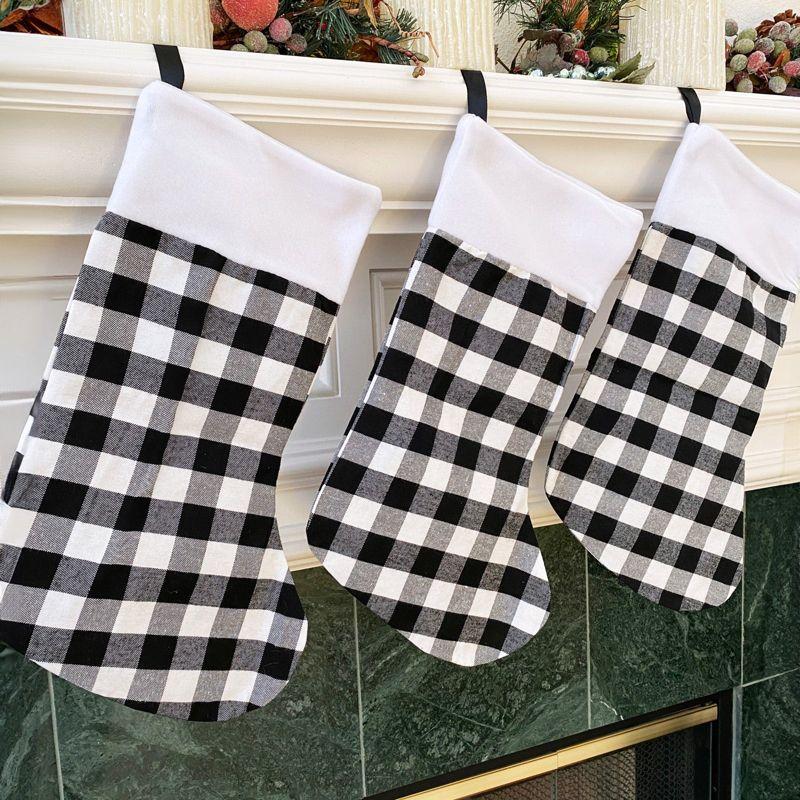 Wrapables Christmas Buffalo Plaid Stockings With Plush White Cuff, Hanging Fireplace Holiday Decoration (Set of 3), Black