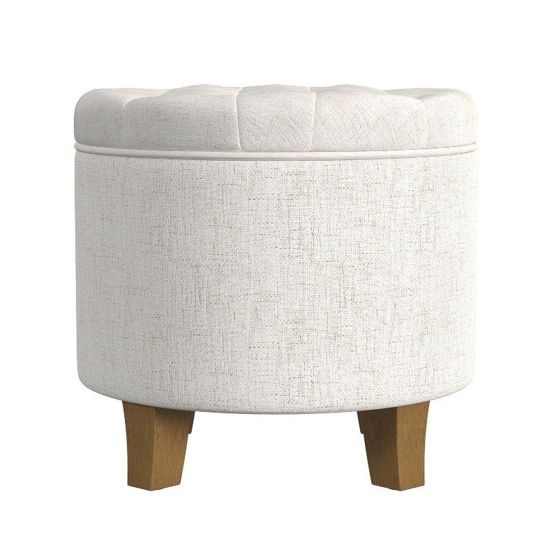 Cream Tufted Round Storage Ottoman with Wooden Legs