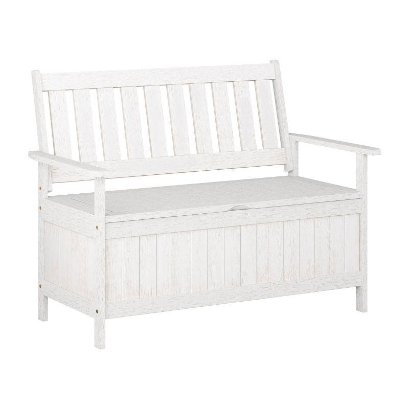 Whitewashed Shorea Wood Outdoor Storage Bench with Slatted Back