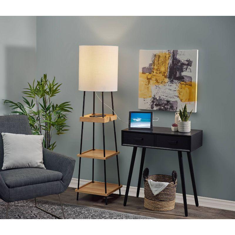 Adesso 63'' Black and Natural Wood Shelf Floor Lamp with USB