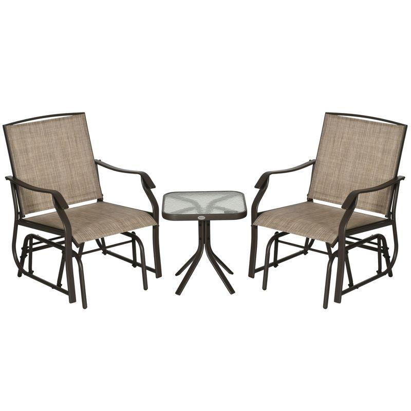 Outsunny 3 Piece Outdoor Glider Chair with Coffee Table Bistro Set, 2 Patio Rocking Chairs with Breathable Sling Fabric, Glass Tabletop, Mixed Brown
