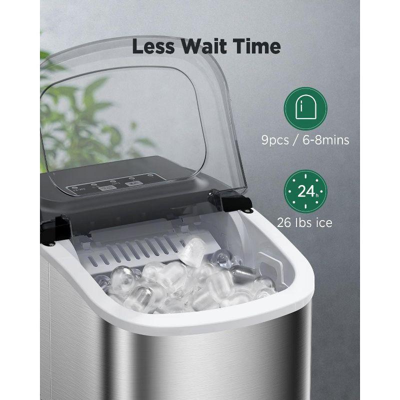 Silonn Stainless Steel Countertop Ice Maker - 9 Cubes in 6 Mins, 26lbs/24Hrs, Self-Cleaning, Includes Scoop & Basket, 2 Bullet Ice Sizes