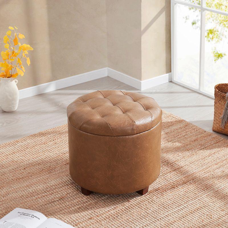 Ornavo Home Faux Leather Upholstered Round Tufted Storage Ottoman with Wooden Legs - Mocha