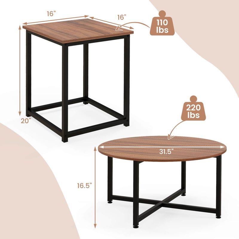 Costway 3 PCS Coffee Table Set Round Coffee Table and 2PCS Square End Tables Metal Frame White/Gray/Walnut