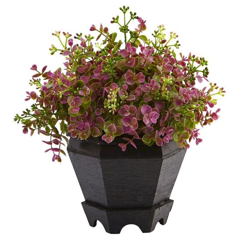 13'' Purple and Green Faux Eucalyptus and Sedum Plant in Black Planter