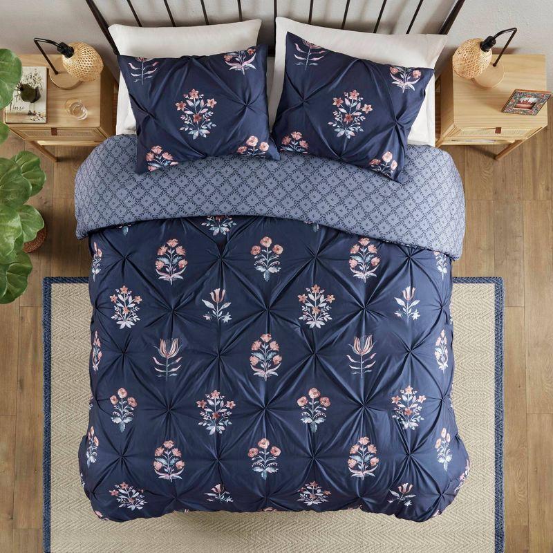 Navy Floral Pintuck Cotton Full/Queen Bedspread Set