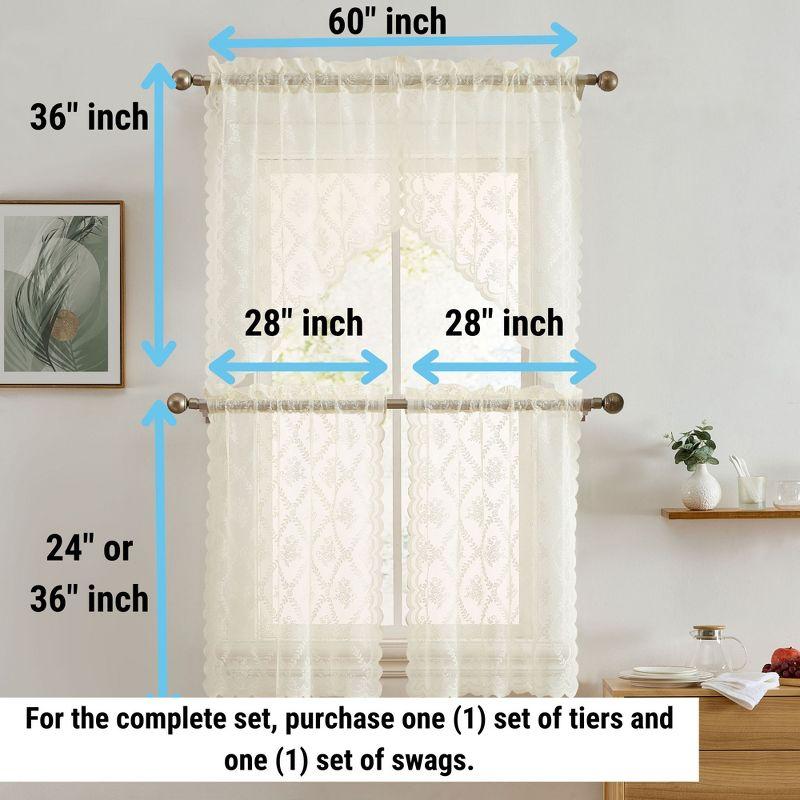HLC.ME Isabella Floral Rod Pocket Lace Semi Sheer Voile Short Cafe Tiers for Small Windows - Ivory, Tiers - 28 W x 36 L
