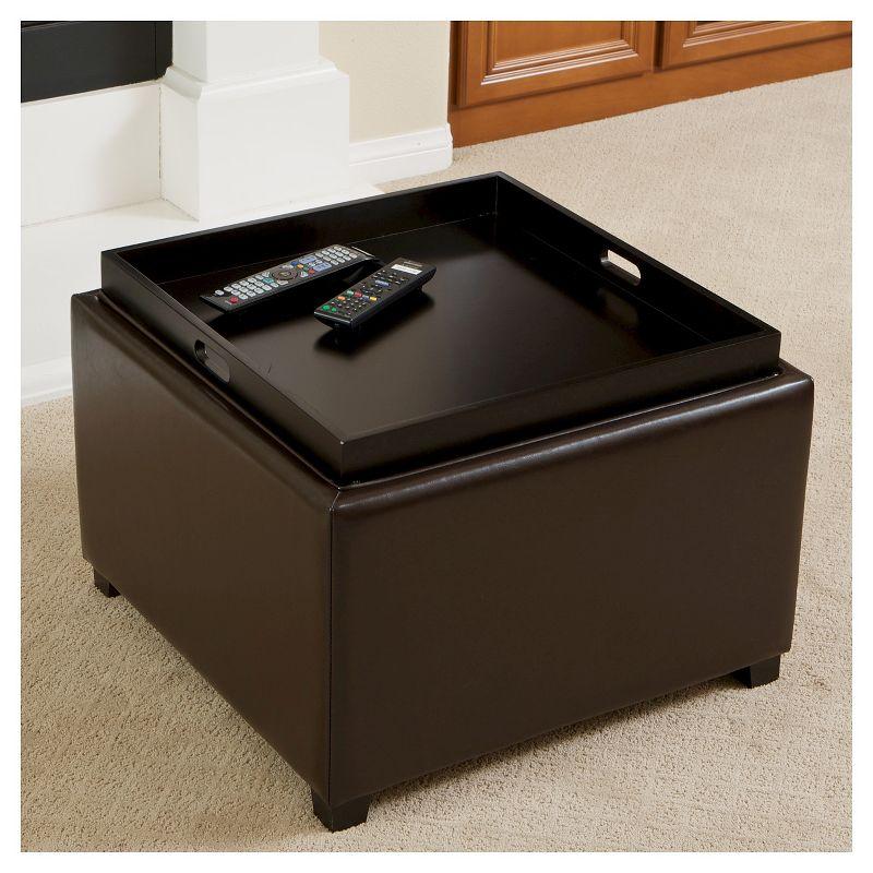Wellington Leather Tray Top Storage Ottoman Brown - Christopher Knight Home: Footstool, Hardwood Frame