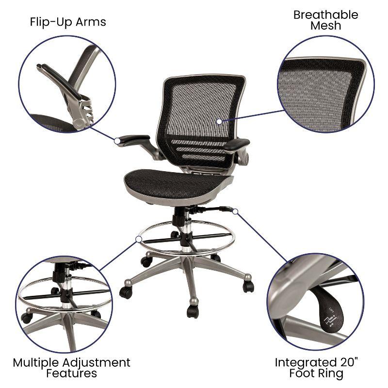 Flash Furniture Mid-Back Transparent Black Mesh Drafting Chair with Graphite Silver Frame and Flip-Up Arms