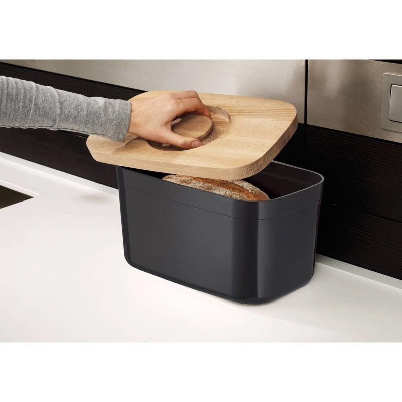 Black Rectangular Bread Bin with Bamboo Cutting Board Lid