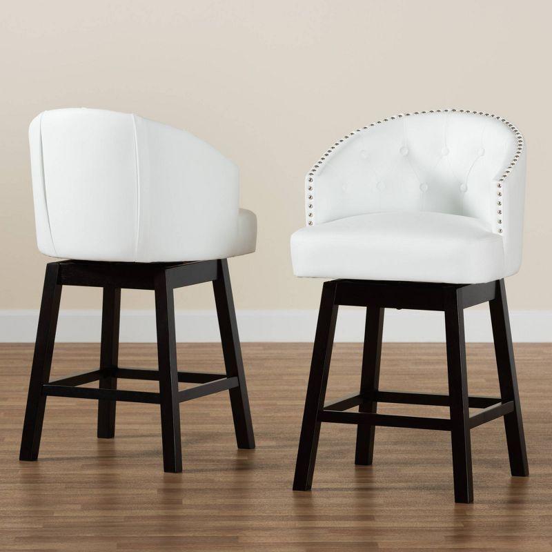 2pc Theron Faux Leather and Wood Swivel Counter Height Barstools Set White/Espresso Brown - Baxton Studio: Rubberwood Frame, 27" Fixed Height