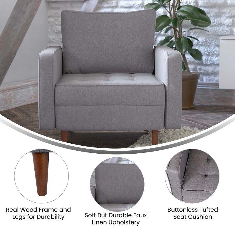 Merrick Lane Mid-Century Modern Armchair with Tufted Faux Linen Upholstery & Solid Wood Legs in Slate Gray