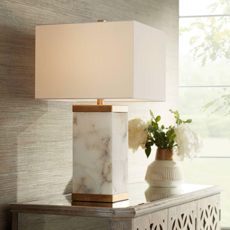 Possini Euro Design Mindy Modern Table Lamp 24 3/4" High White Gray Alabaster with Nightlight Rectangular Shade for Bedroom Living Room House Bedside