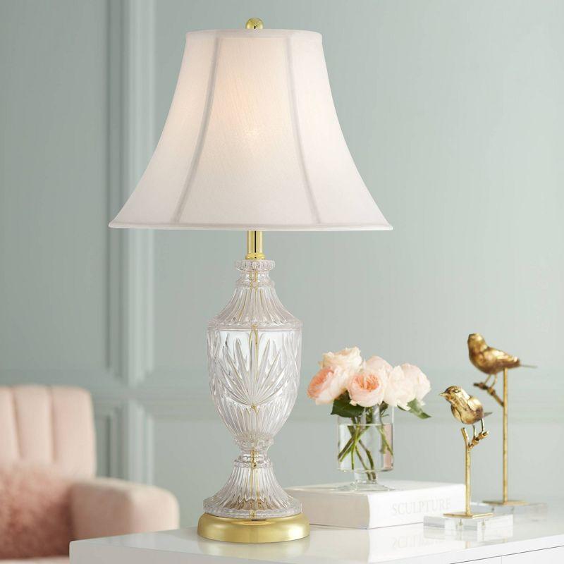 Traditional Cut Glass Urn Table Lamp with Brass Accents and White Shade