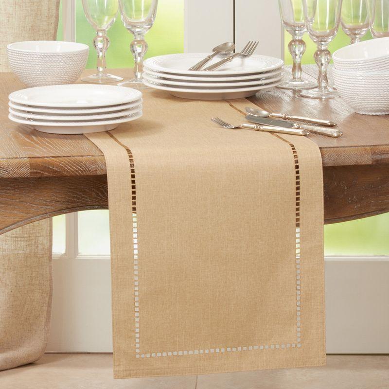 Saro Lifestyle Dining Table Runner With Laser-Cut Hemstitch Design, Natural, 14" x 72"
