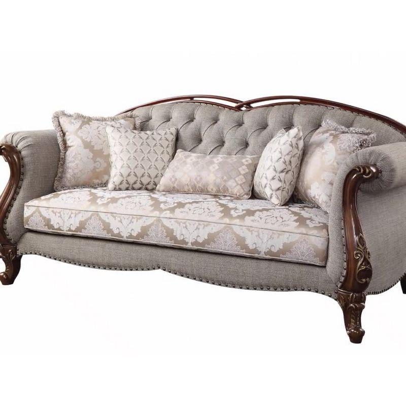 Cherry Finish 90'' Tufted Fabric Sofa with Nailhead Detail